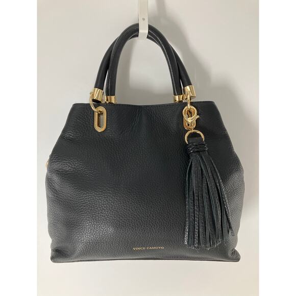 VINCE CAMUTO MEDIUM BLACK PEBBLED LEATHER TASSEL HANDBAG - Picture 1 of 14